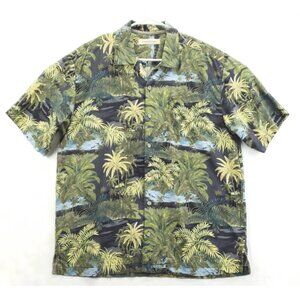 Tommy Bahama Shirt Mens Large Green Black Hawaiian 100% Silk Button-Up